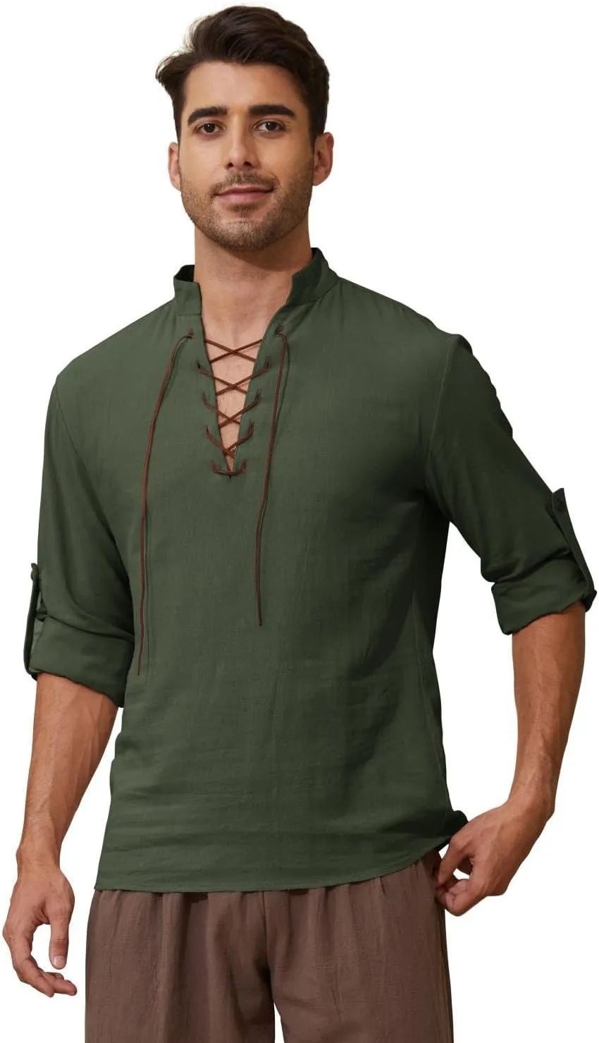Mens Long Sleeve Shirts Renaissance Viking Pirate Cosplay,Cotton Breathable,US Size S-3XL
