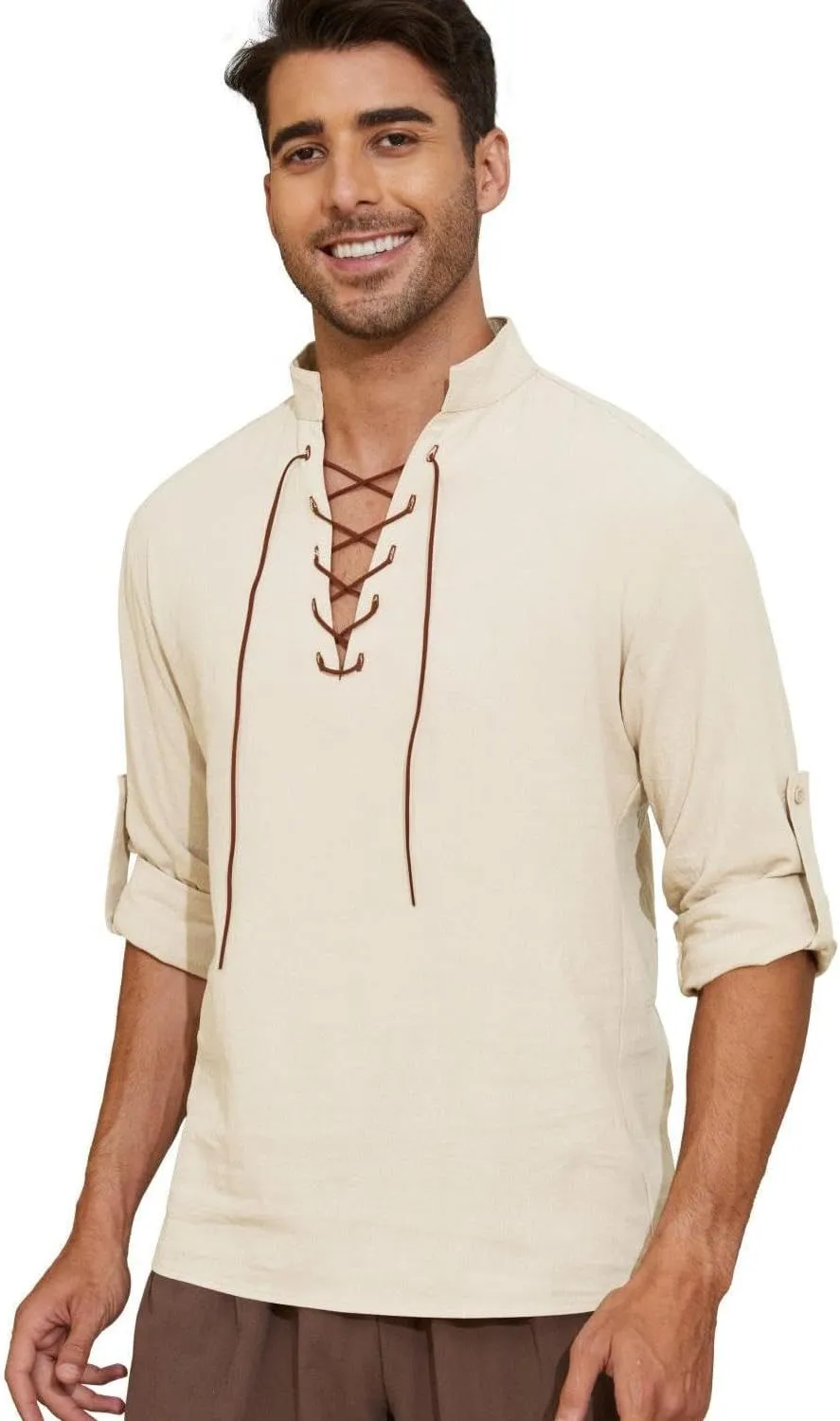 Mens Long Sleeve Shirts Renaissance Viking Pirate Cosplay,Cotton Breathable,US Size S-3XL