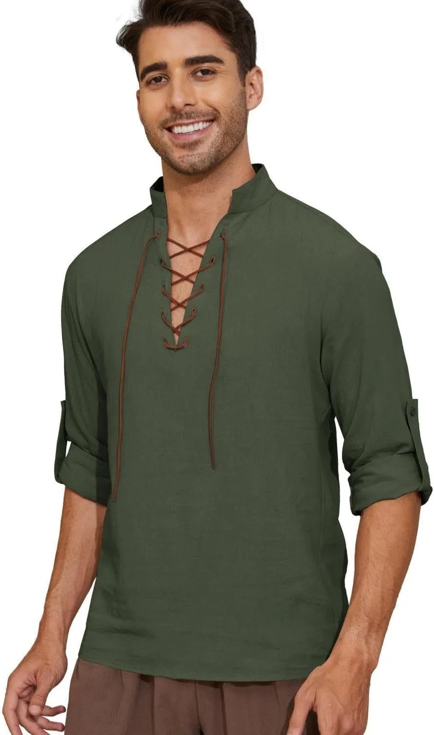 Mens Long Sleeve Shirts Renaissance Viking Pirate Cosplay,Cotton Breathable,US Size S-3XL