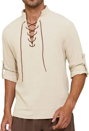 Mens Long Sleeve Shirts Renaissance Viking Pirate Cosplay,Cotton Breathable,US Size S-3XL