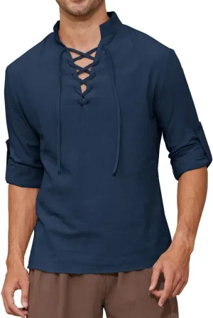 Mens Long Sleeve Shirts Renaissance Viking Pirate Cosplay,Cotton Breathable,US Size S-3XL