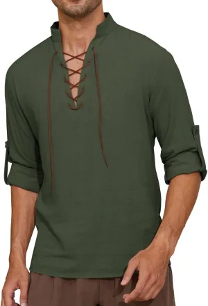 Mens Long Sleeve Shirts Renaissance Viking Pirate Cosplay,Cotton Breathable,US Size S-3XL