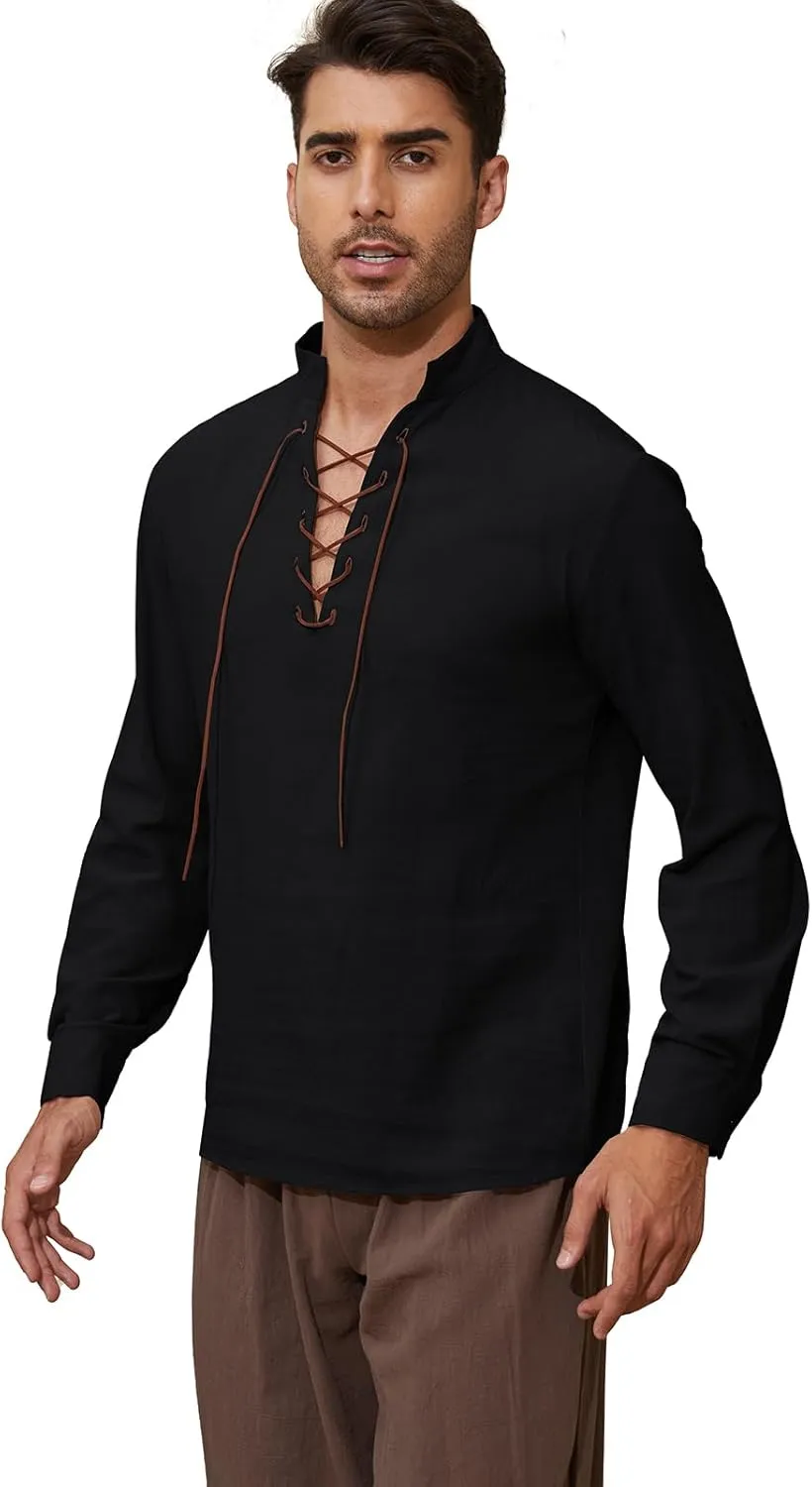 Mens Long Sleeve Shirts Renaissance Viking Pirate Cosplay,Cotton Breathable,US Size S-3XL