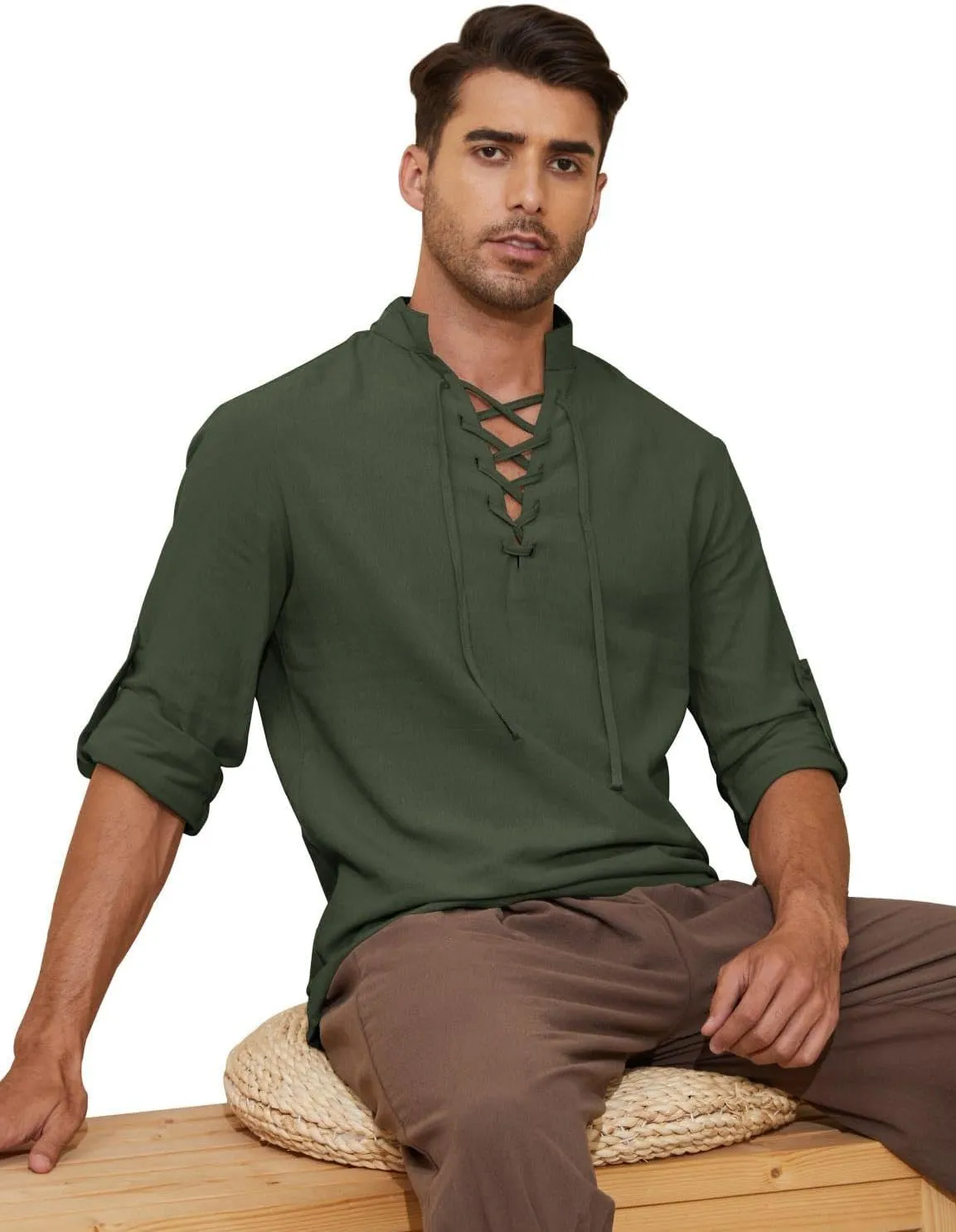 Mens Long Sleeve Shirts Renaissance Viking Pirate Cosplay,Cotton Breathable,US Size S-3XL