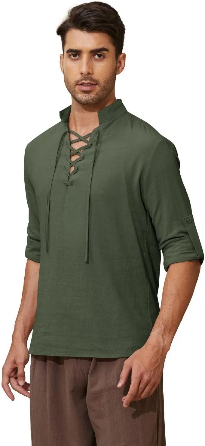 Mens Long Sleeve Shirts Renaissance Viking Pirate Cosplay,Cotton Breathable,US Size S-3XL