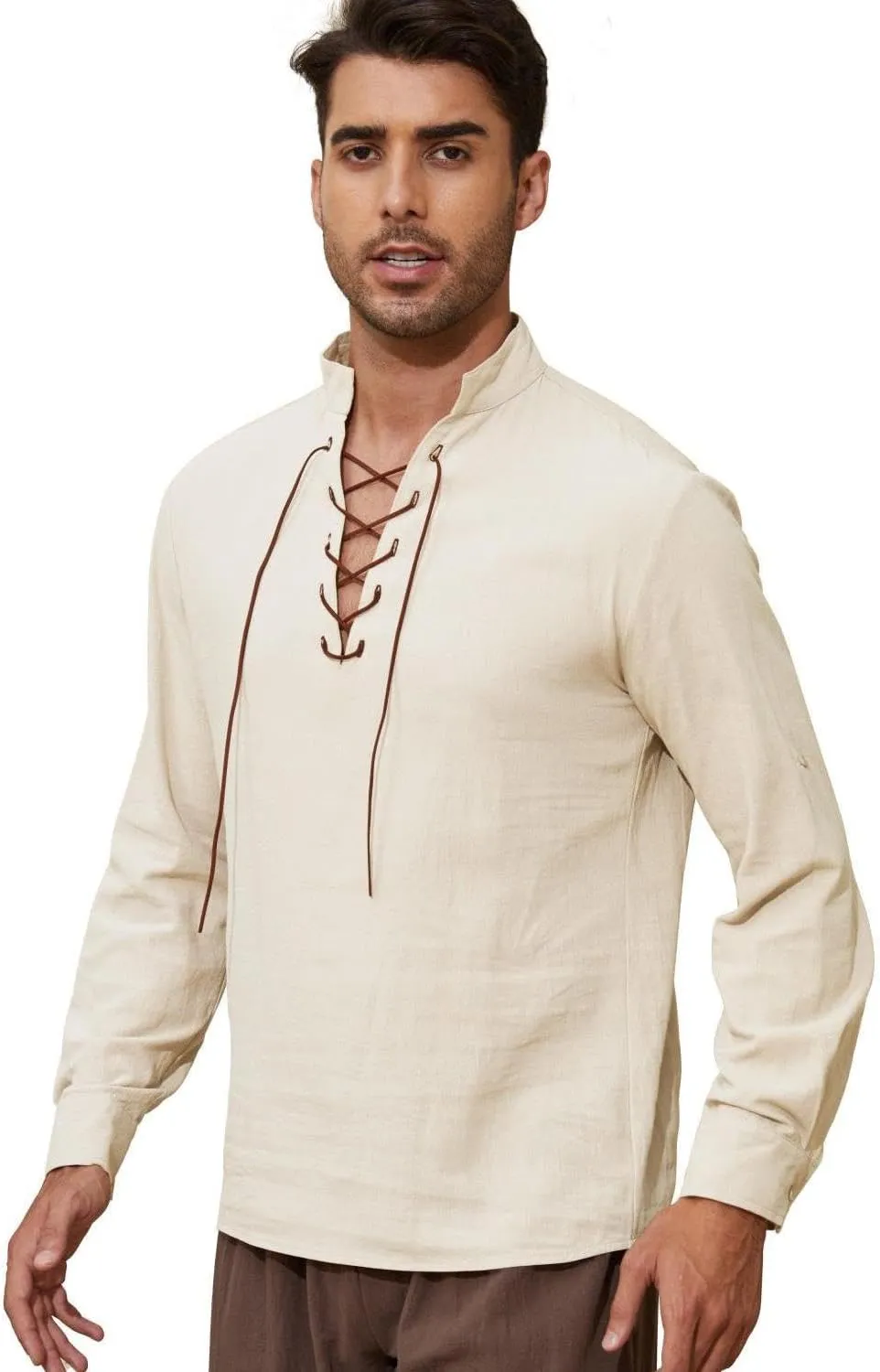 Mens Long Sleeve Shirts Renaissance Viking Pirate Cosplay,Cotton Breathable,US Size S-3XL