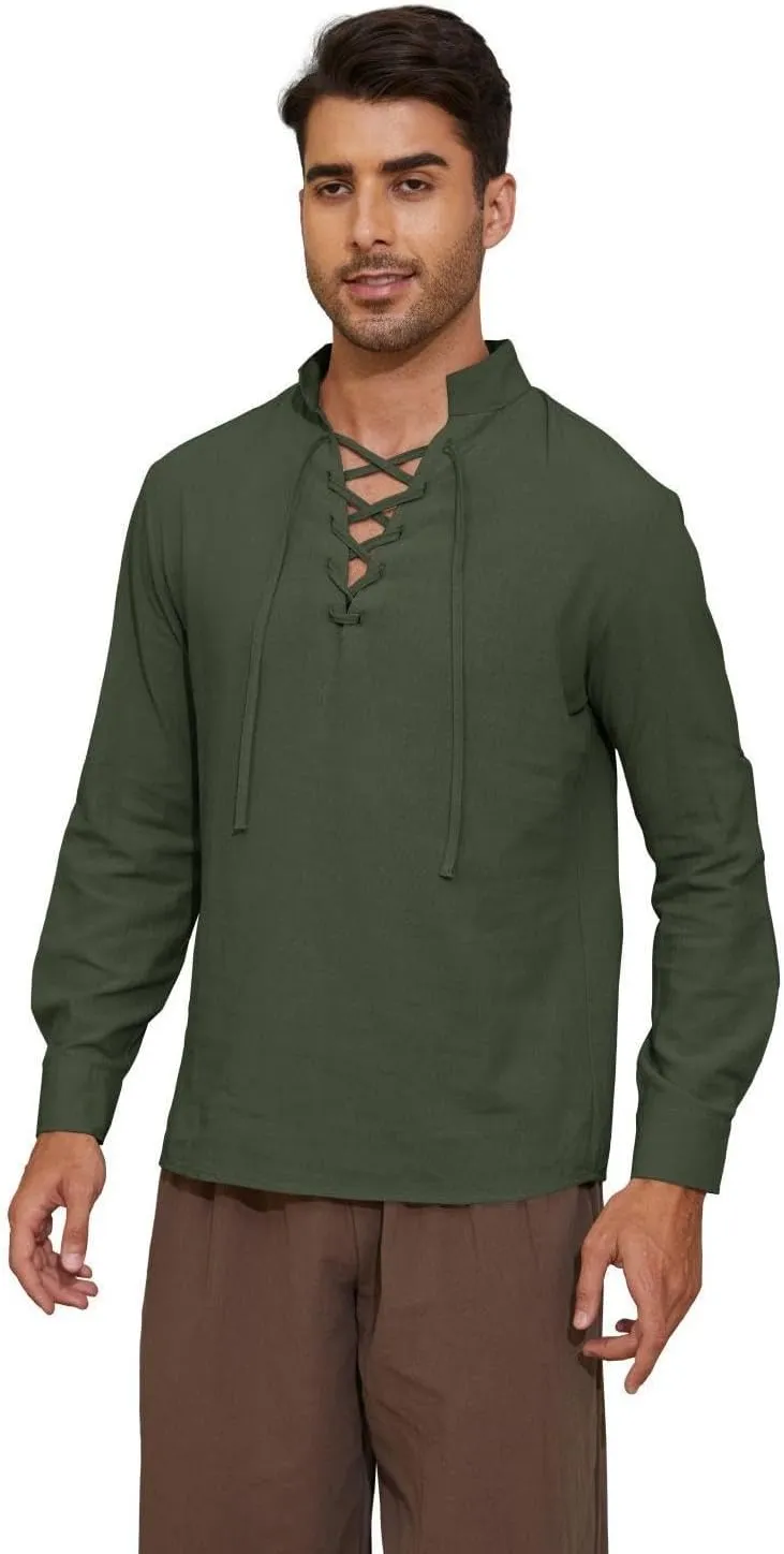 Mens Long Sleeve Shirts Renaissance Viking Pirate Cosplay,Cotton Breathable,US Size S-3XL