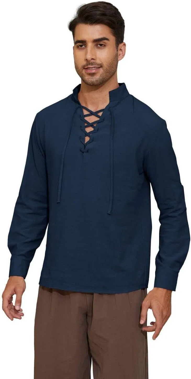 Mens Long Sleeve Shirts Renaissance Viking Pirate Cosplay,Cotton Breathable,US Size S-3XL
