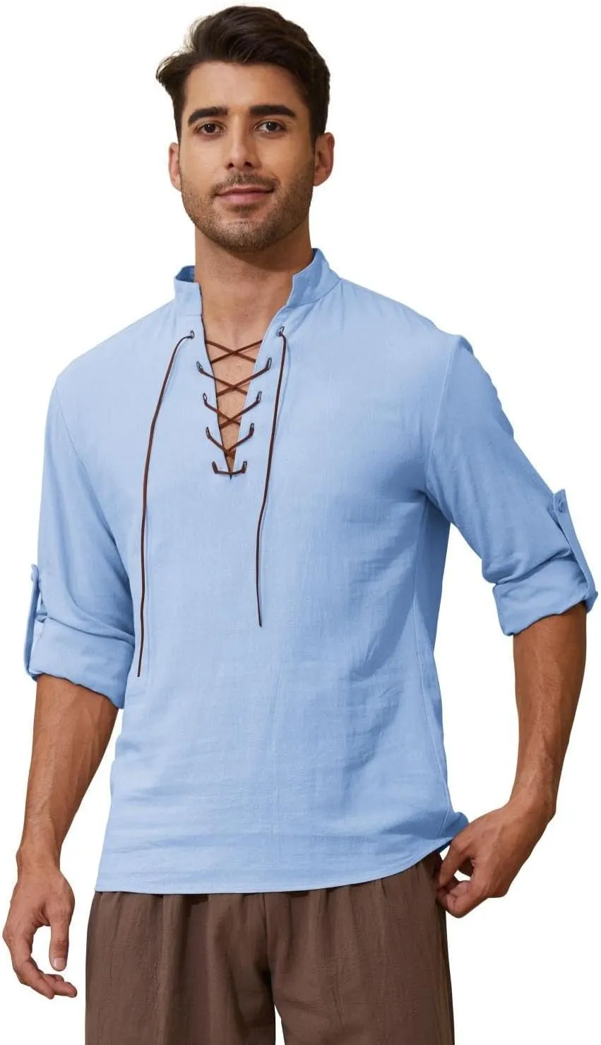 Mens Long Sleeve Shirts Renaissance Viking Pirate Cosplay,Cotton Breathable,US Size S-3XL