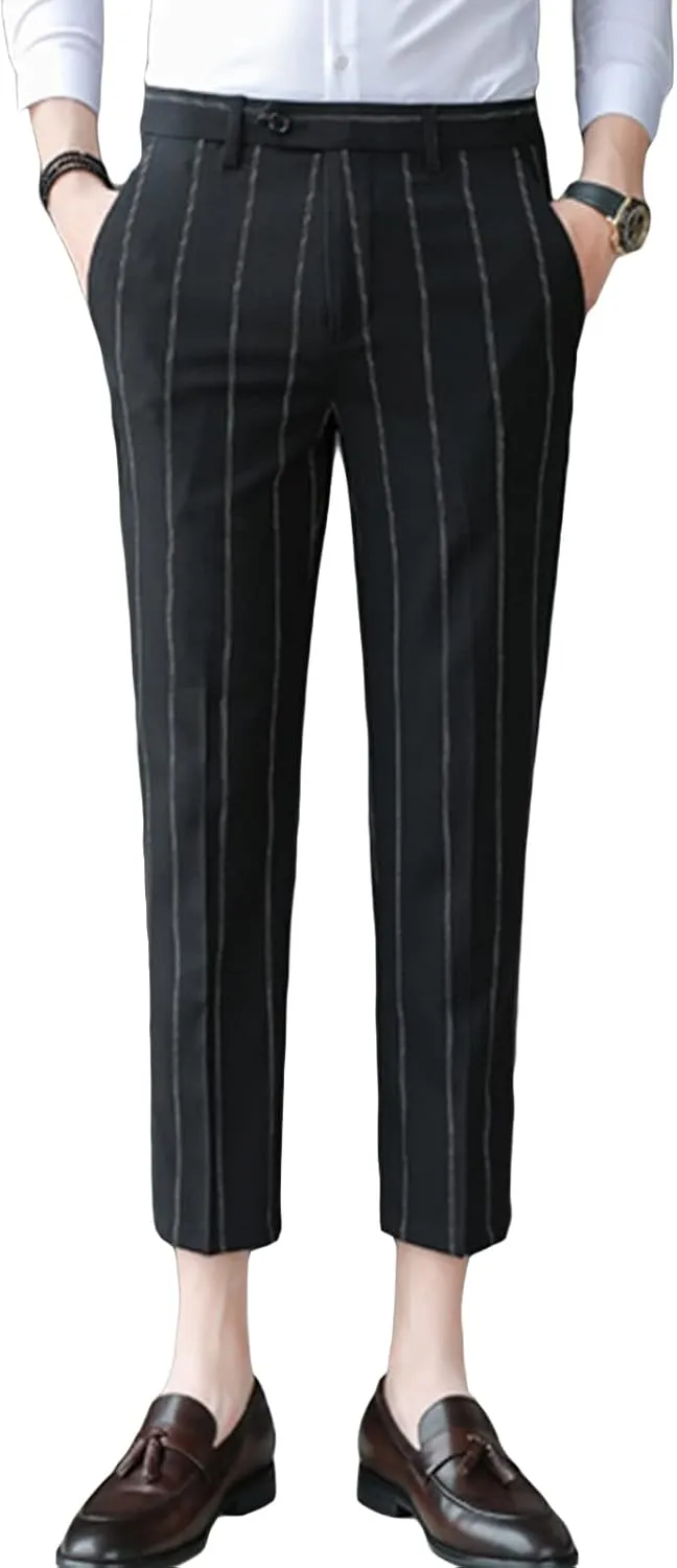 Men's Slim Fit Dress Pants Chinos Plaid Striped Stretch Pant Flat-Front Skinny Business Pencil Long Pants (29,Black)