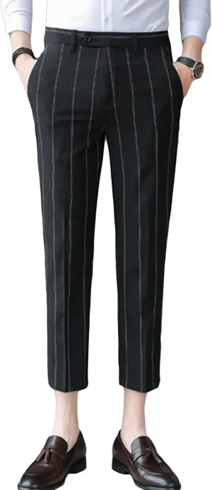 Men's Slim Fit Dress Pants Chinos Plaid Striped Stretch Pant Flat-Front Skinny Business Pencil Long Pants (29,Black)