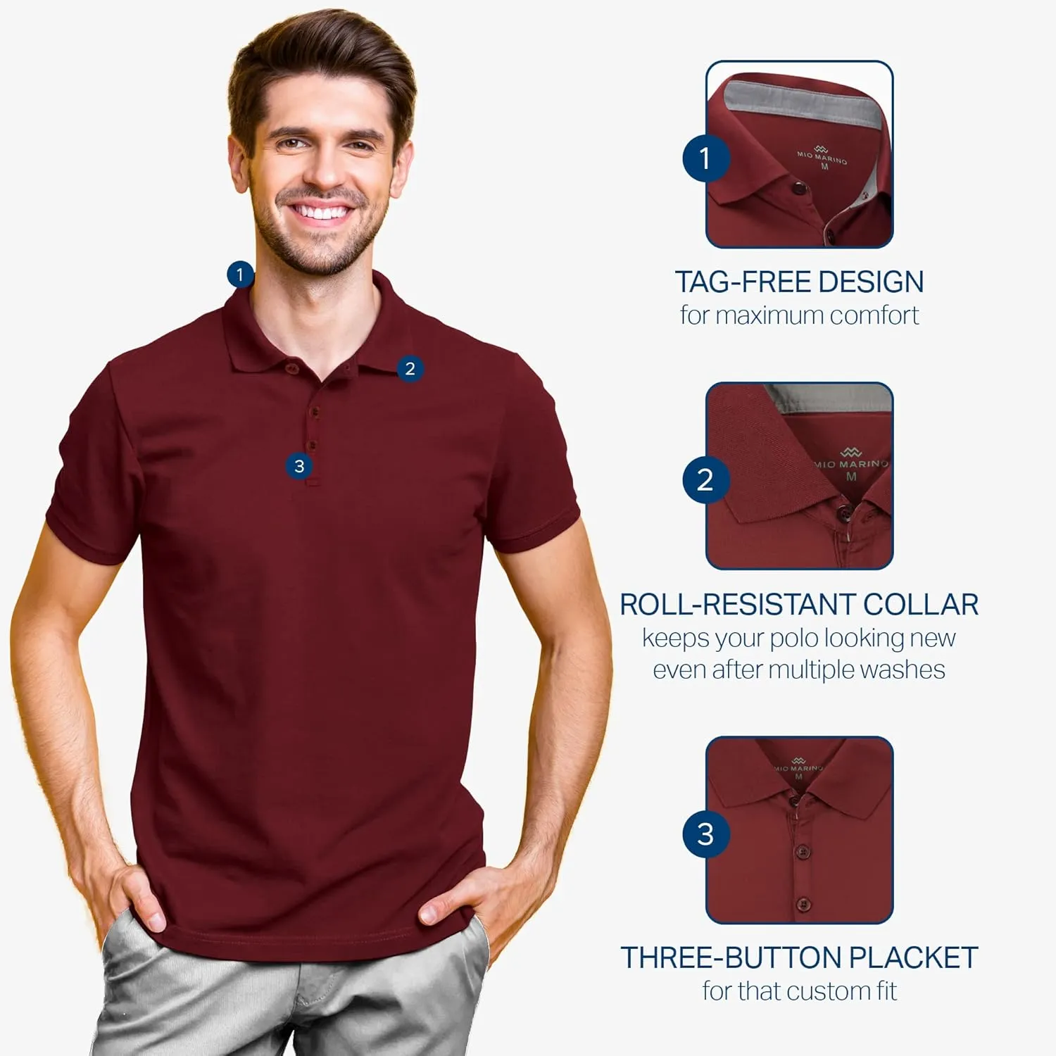 Mio Marino Golf Polo Shirts for Men - Dry Fit - Ultra-Thin Breathable Fabric