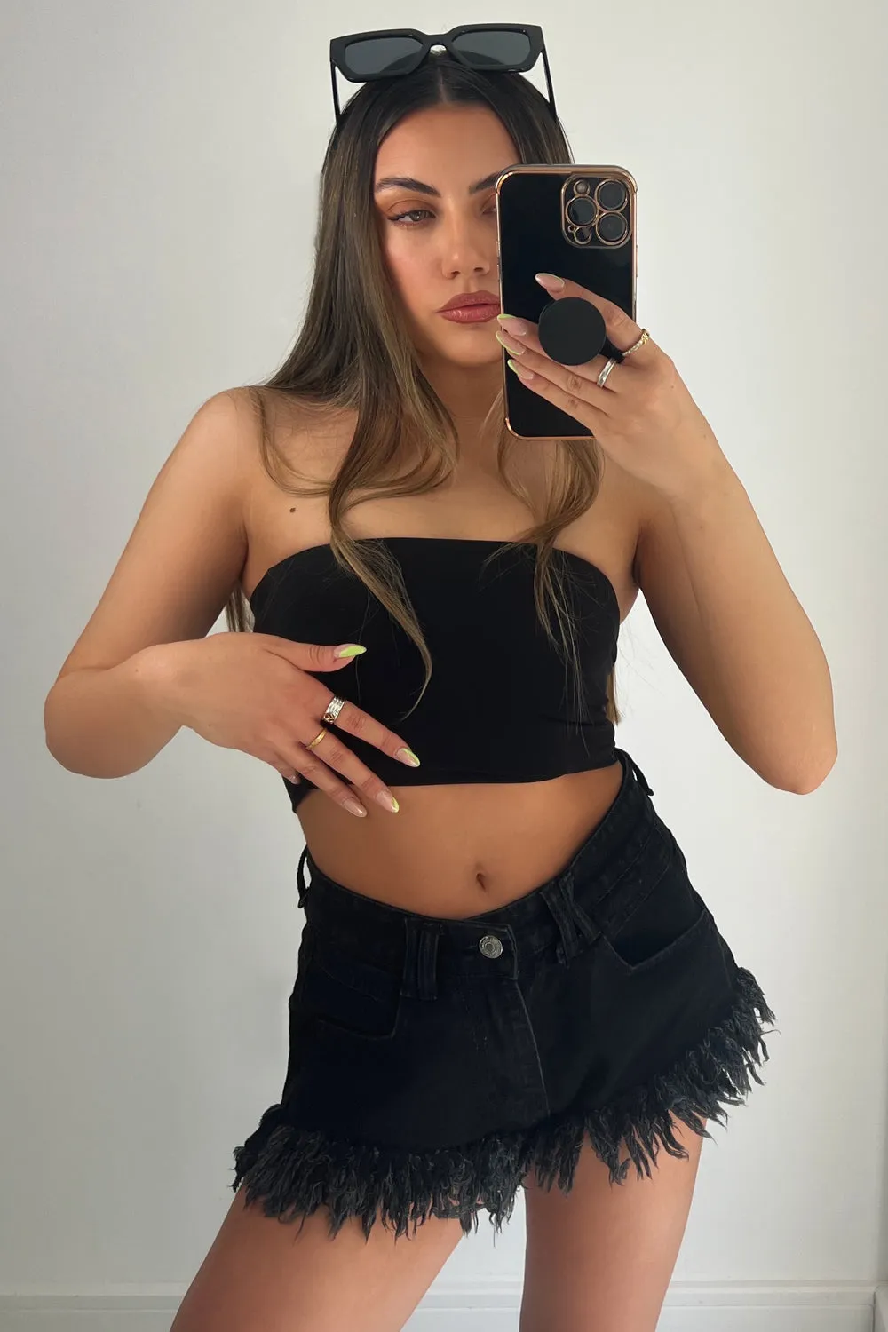 Penelope Black High Waisted Tassel Fringe Denim Shorts
