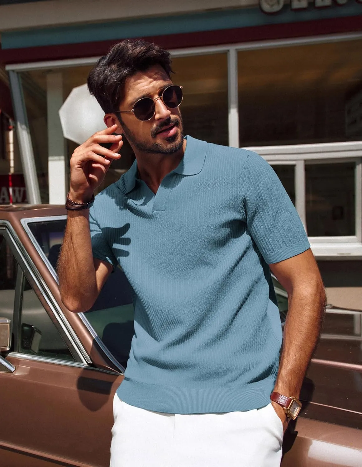PJ PAUL JONES Men's Polo Shirts Short Sleeve V-Neck Ribbed Polo Shirt Casual Breathable Knit Polo