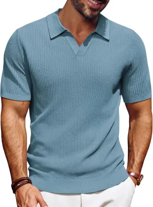 PJ PAUL JONES Men's Polo Shirts Short Sleeve V-Neck Ribbed Polo Shirt Casual Breathable Knit Polo