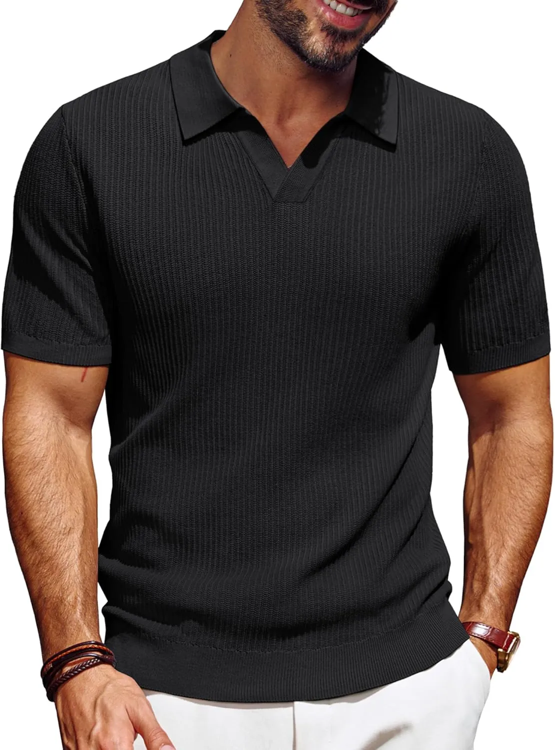 PJ PAUL JONES Men's Polo Shirts Short Sleeve V-Neck Ribbed Polo Shirt Casual Breathable Knit Polo