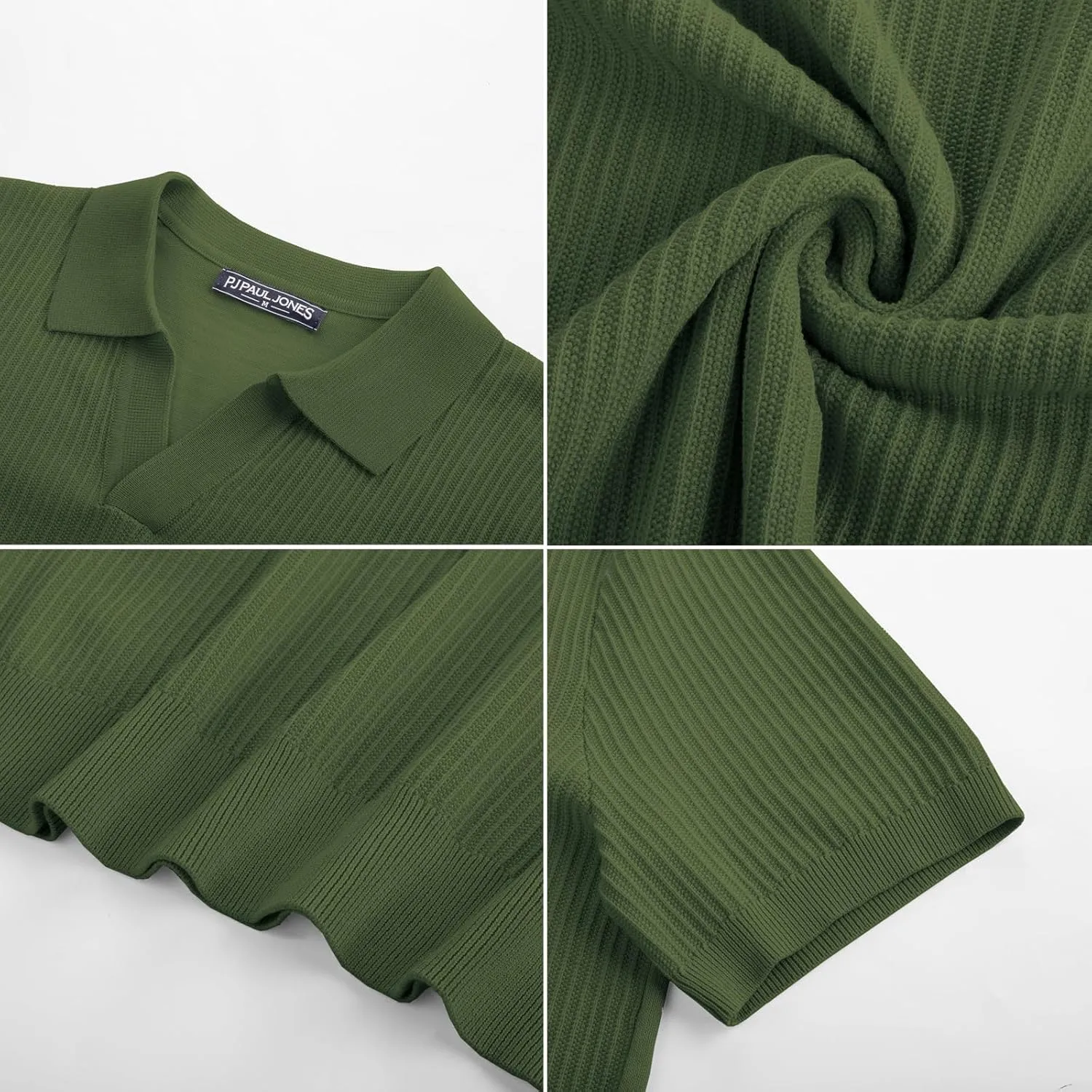 PJ PAUL JONES Men's Polo Shirts Short Sleeve V-Neck Ribbed Polo Shirt Casual Breathable Knit Polo