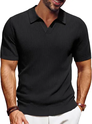 PJ PAUL JONES Men's Polo Shirts Short Sleeve V-Neck Ribbed Polo Shirt Casual Breathable Knit Polo