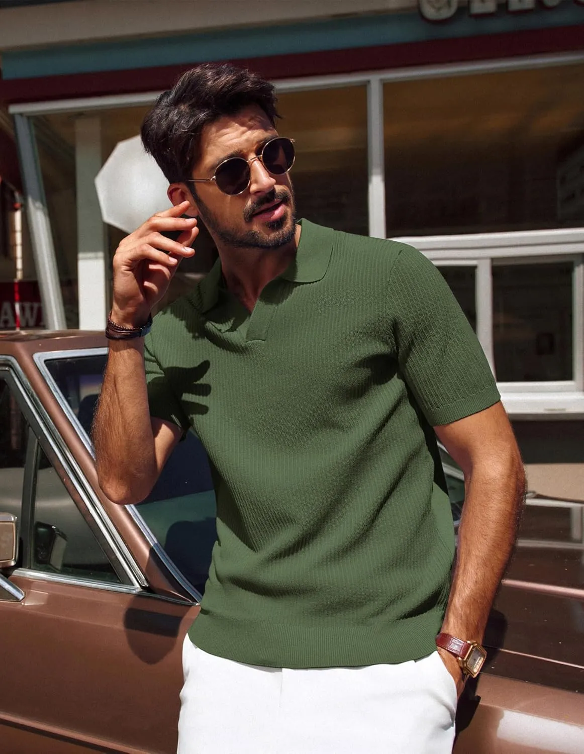 PJ PAUL JONES Men's Polo Shirts Short Sleeve V-Neck Ribbed Polo Shirt Casual Breathable Knit Polo