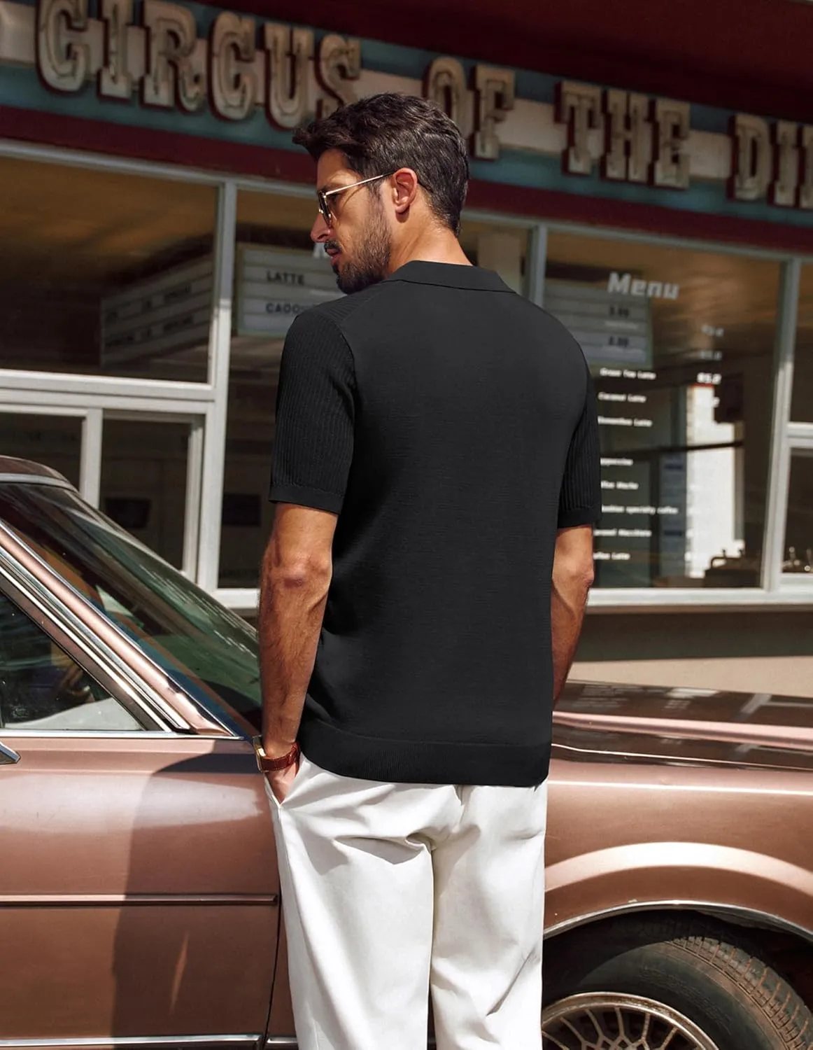 PJ PAUL JONES Men's Polo Shirts Short Sleeve V-Neck Ribbed Polo Shirt Casual Breathable Knit Polo
