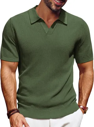 PJ PAUL JONES Men's Polo Shirts Short Sleeve V-Neck Ribbed Polo Shirt Casual Breathable Knit Polo