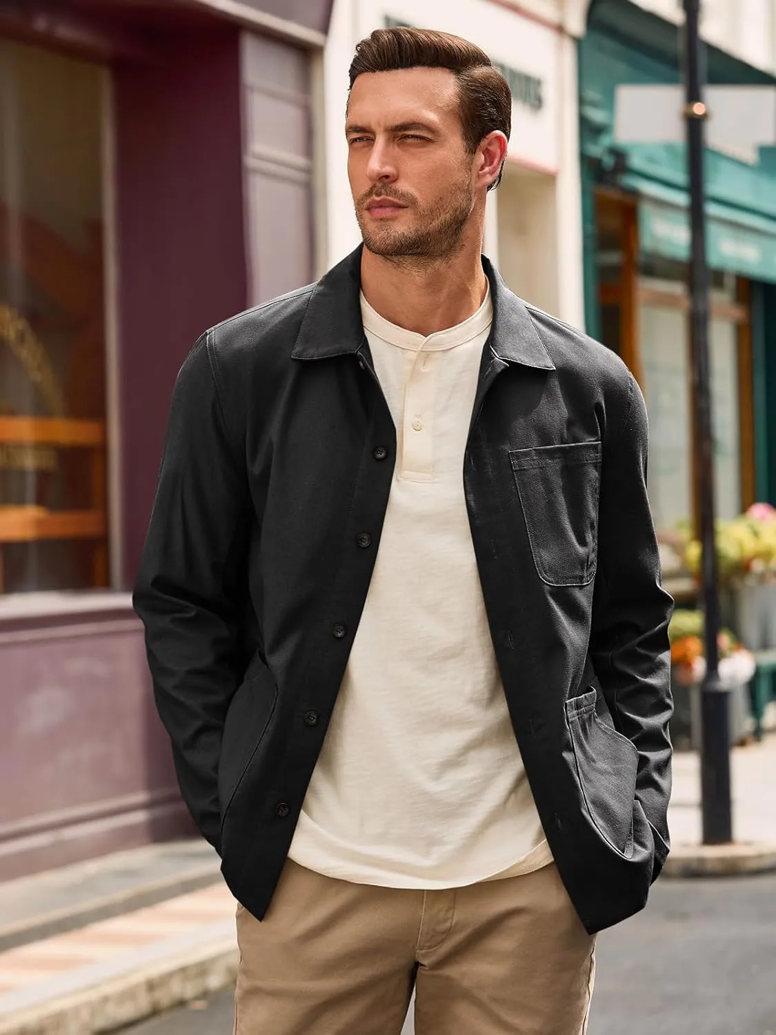 Runcati Mens Linen Shirt Jacket Button Down Long Sleeve Shacket Casual Cotton Casual Lightweight Jacket