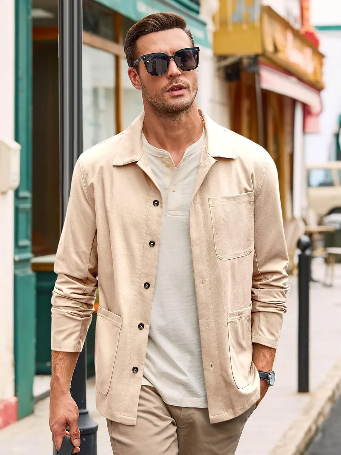 Runcati Mens Linen Shirt Jacket Button Down Long Sleeve Shacket Casual Cotton Casual Lightweight Jacket