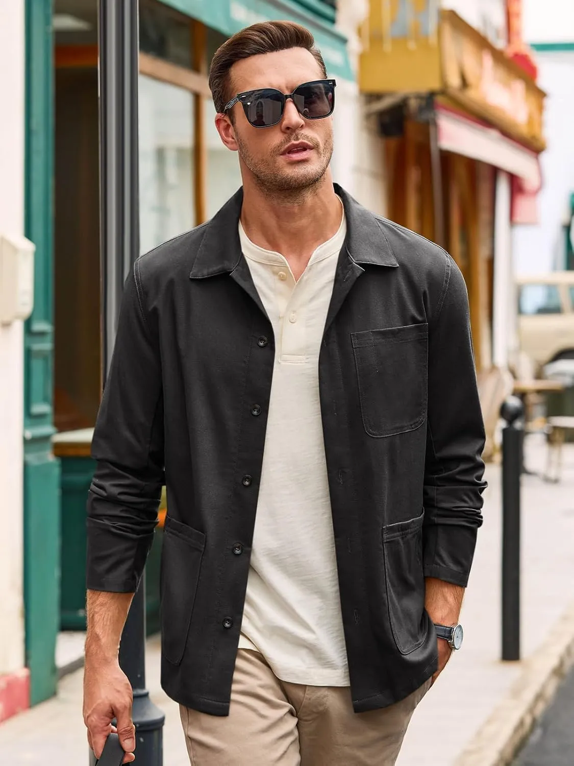 Runcati Mens Linen Shirt Jacket Button Down Long Sleeve Shacket Casual Cotton Casual Lightweight Jacket