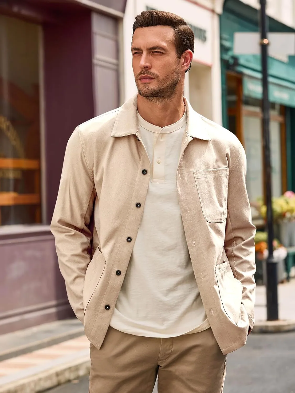 Runcati Mens Linen Shirt Jacket Button Down Long Sleeve Shacket Casual Cotton Casual Lightweight Jacket