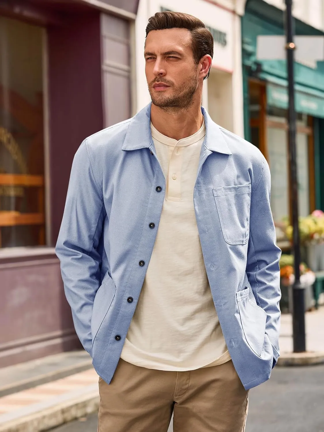Runcati Mens Linen Shirt Jacket Button Down Long Sleeve Shacket Casual Cotton Casual Lightweight Jacket