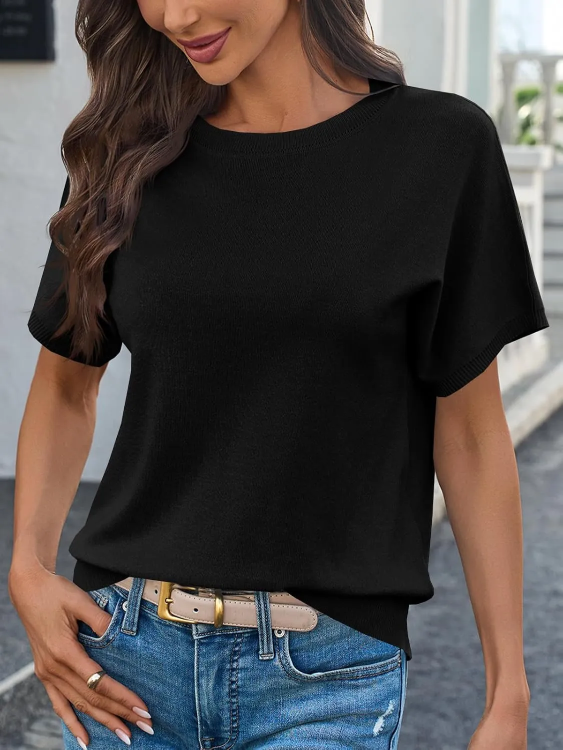 Saodimallsu Womens Short Sleeve Sweater Casual Basic Crew Neck Loose Knit Pullover Tops Summer Lightweight Blouses