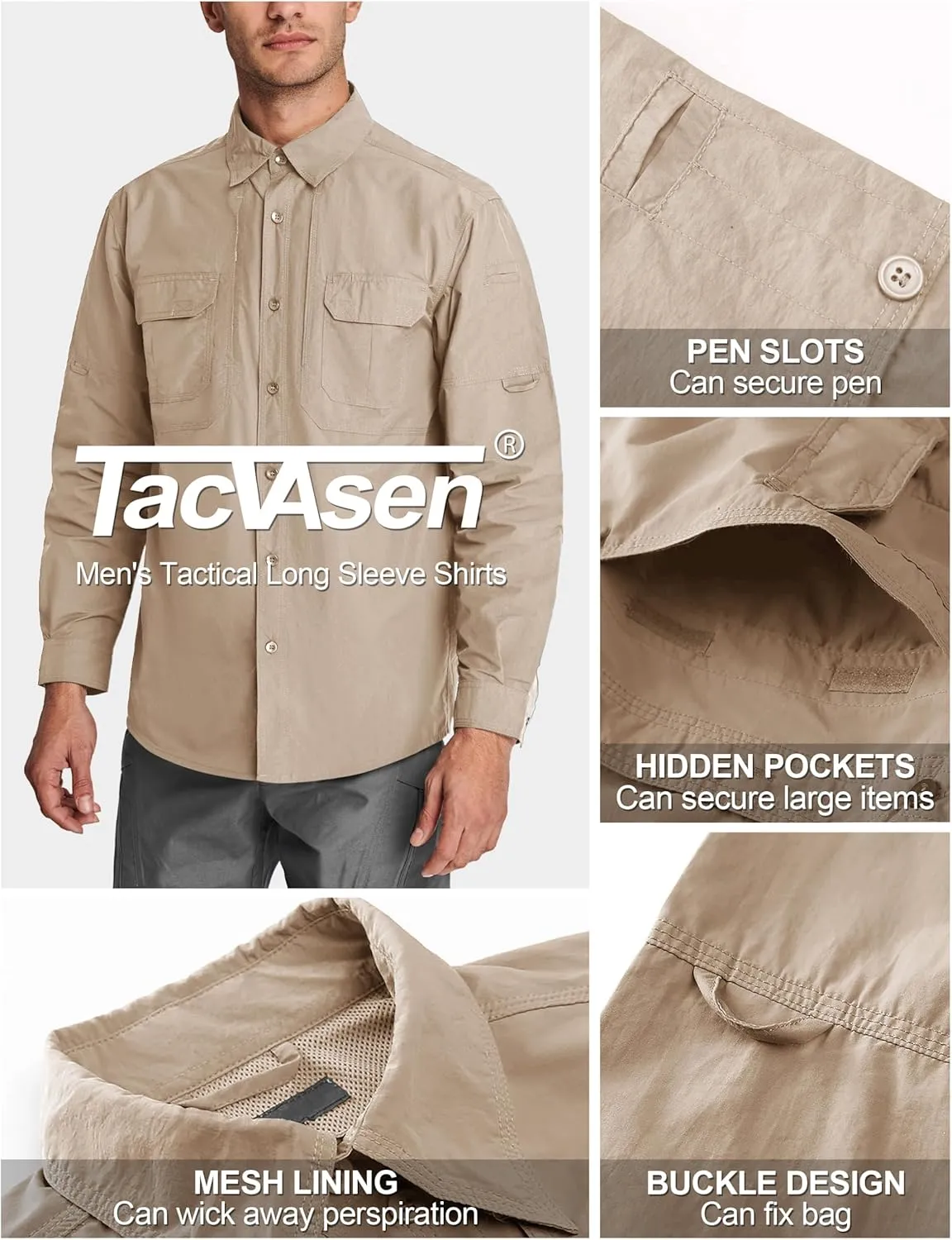 TACVASEN Men's Tactical Shirts Long Sleeve Quick Dry Breathable Button Down Fishing Work Safari Hiking Camping Hunting