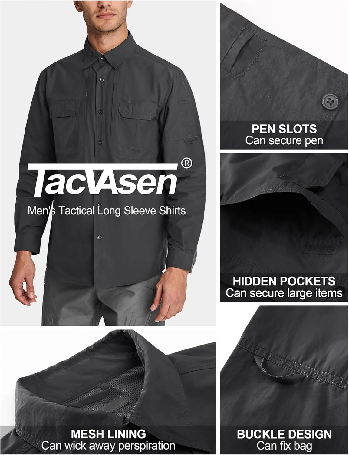 TACVASEN Men's Tactical Shirts Long Sleeve Quick Dry Breathable Button Down Fishing Work Safari Hiking Camping Hunting