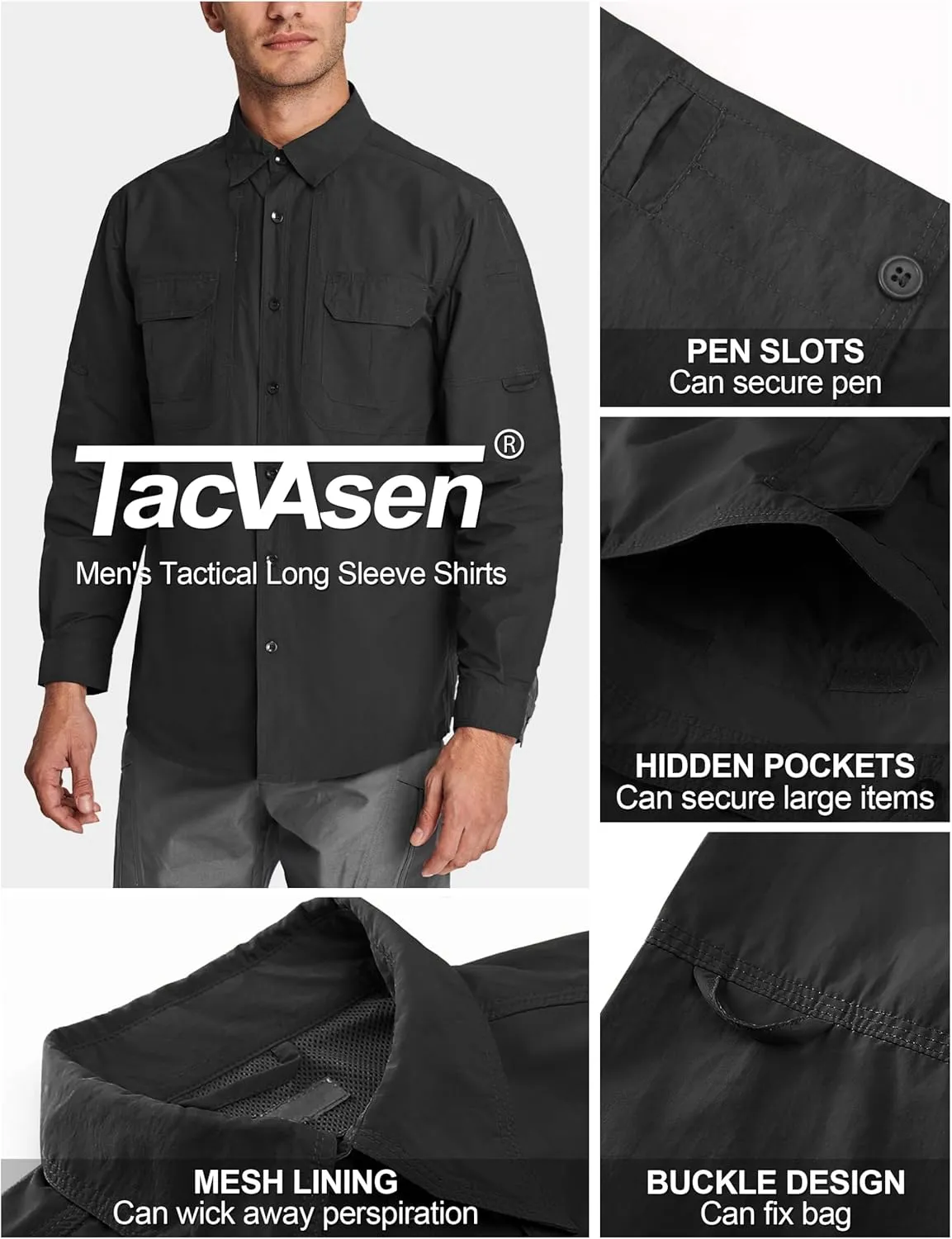 TACVASEN Men's Tactical Shirts Long Sleeve Quick Dry Breathable Button Down Fishing Work Safari Hiking Camping Hunting