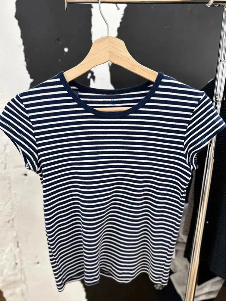 TAVIMART  -  Vintage Striped Slim T-Shirt Women Round Neck Short Sleeve Cotton Tshirt Tops Femme Casual Streetwear Y2k Crop Top Summer Tees