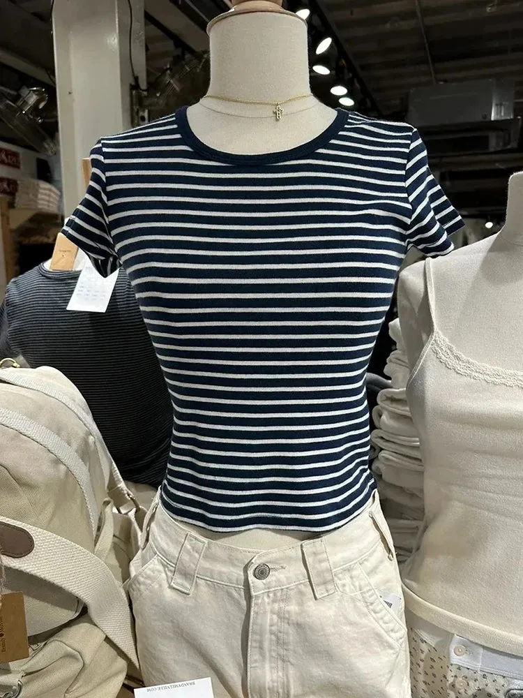 TAVIMART  -  Vintage Striped Slim T-Shirt Women Round Neck Short Sleeve Cotton Tshirt Tops Femme Casual Streetwear Y2k Crop Top Summer Tees