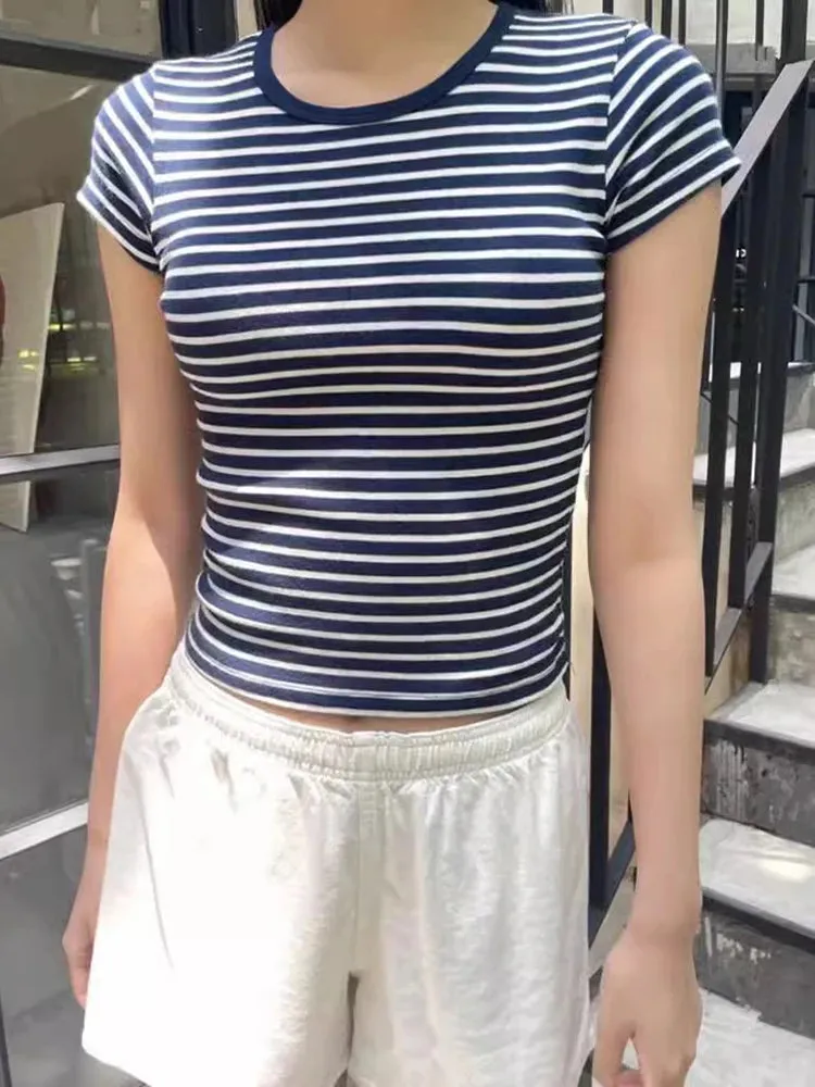 TAVIMART  -  Vintage Striped Slim T-Shirt Women Round Neck Short Sleeve Cotton Tshirt Tops Femme Casual Streetwear Y2k Crop Top Summer Tees