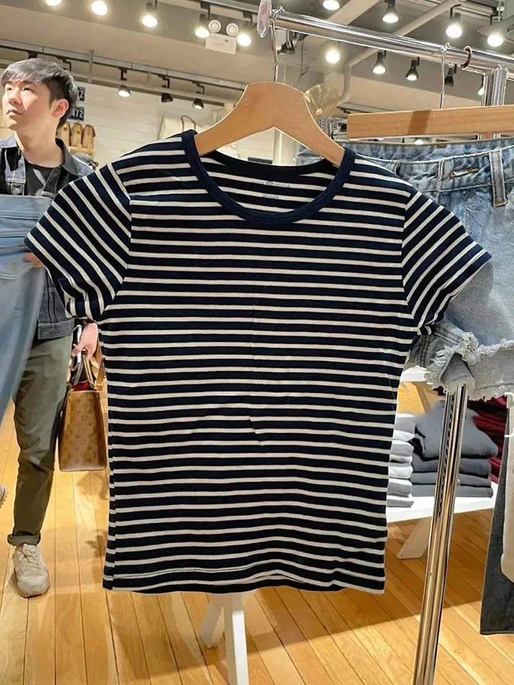 TAVIMART  -  Vintage Striped Slim T-Shirt Women Round Neck Short Sleeve Cotton Tshirt Tops Femme Casual Streetwear Y2k Crop Top Summer Tees