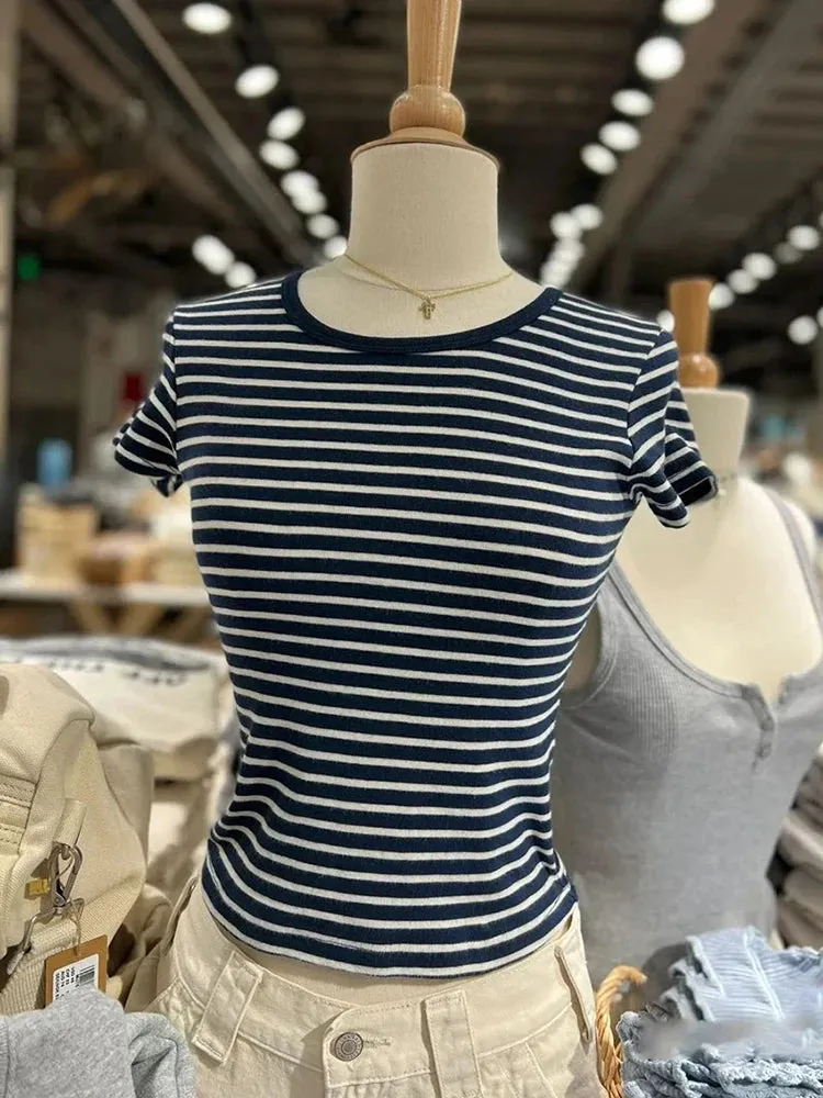 TAVIMART  -  Vintage Striped Slim T-Shirt Women Round Neck Short Sleeve Cotton Tshirt Tops Femme Casual Streetwear Y2k Crop Top Summer Tees