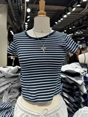 TAVIMART  -  Vintage Striped Slim T-Shirt Women Round Neck Short Sleeve Cotton Tshirt Tops Femme Casual Streetwear Y2k Crop Top Summer Tees
