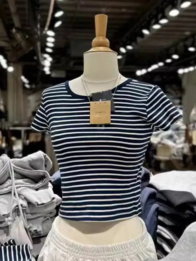 TAVIMART  -  Vintage Striped Slim T-Shirt Women Round Neck Short Sleeve Cotton Tshirt Tops Femme Casual Streetwear Y2k Crop Top Summer Tees