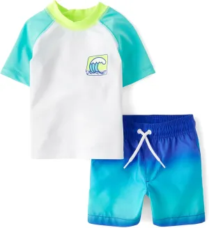 The Children's Place Boys' and Toddler 2-Piece Short Sleeve Rashguard and Swim Trunk