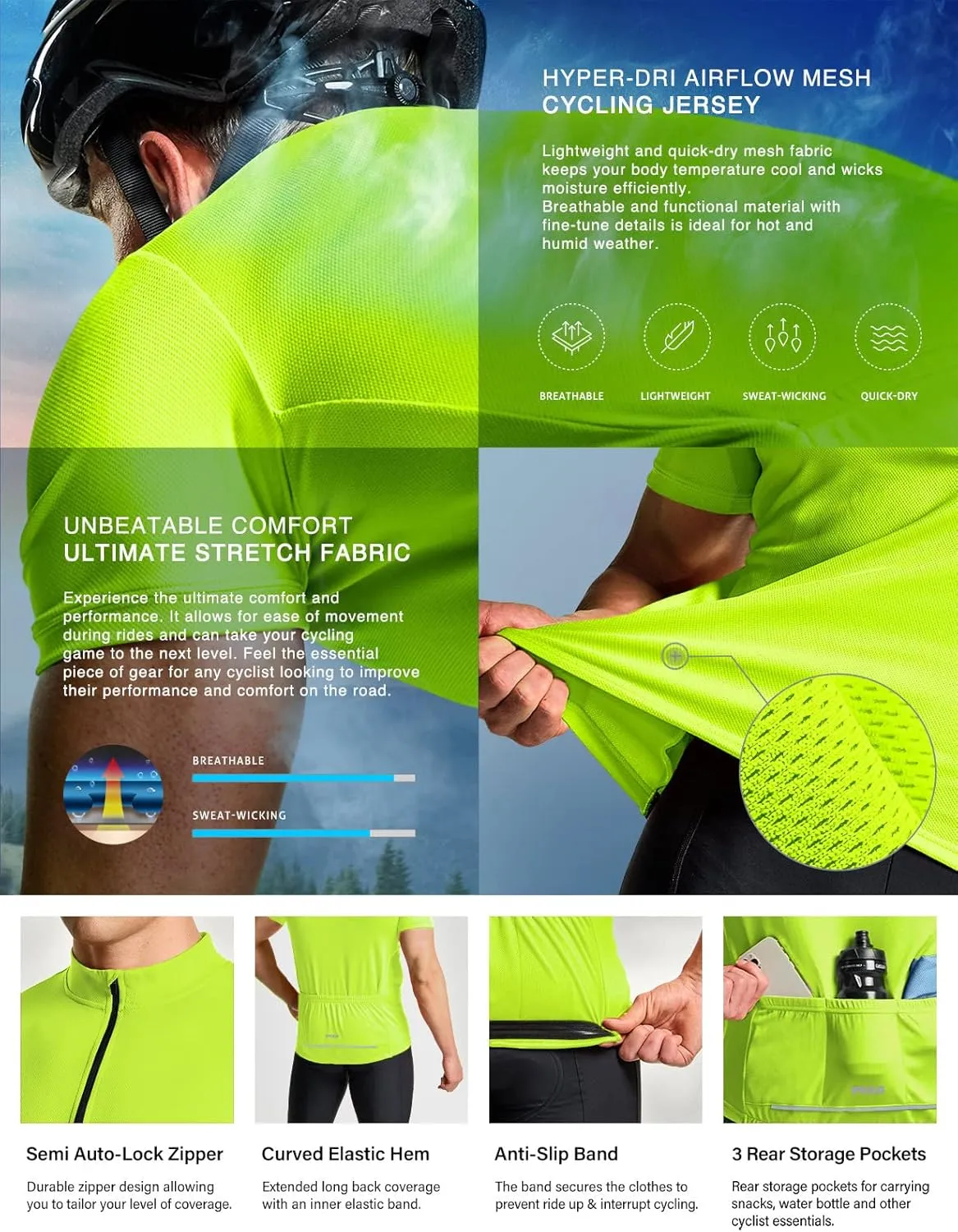 TSLA Men's Short Sleeve Bike Cycling Jersey, Quick Dry Breathable Reflective Biking Shirts with 3 Rear Pockets