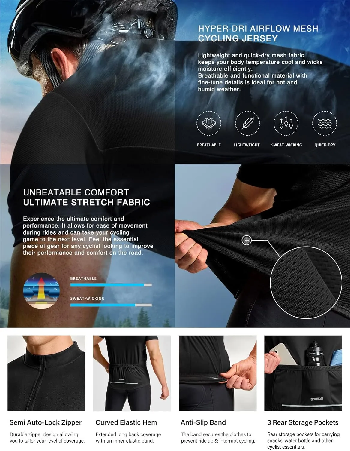 TSLA Men's Short Sleeve Bike Cycling Jersey, Quick Dry Breathable Reflective Biking Shirts with 3 Rear Pockets