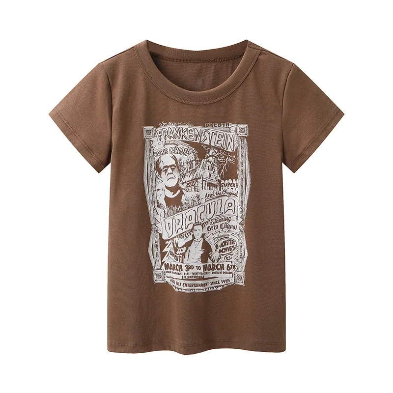 Vintage Cotton T-shirts Cute Cartoon Print Short Tees Soft Tops Chic