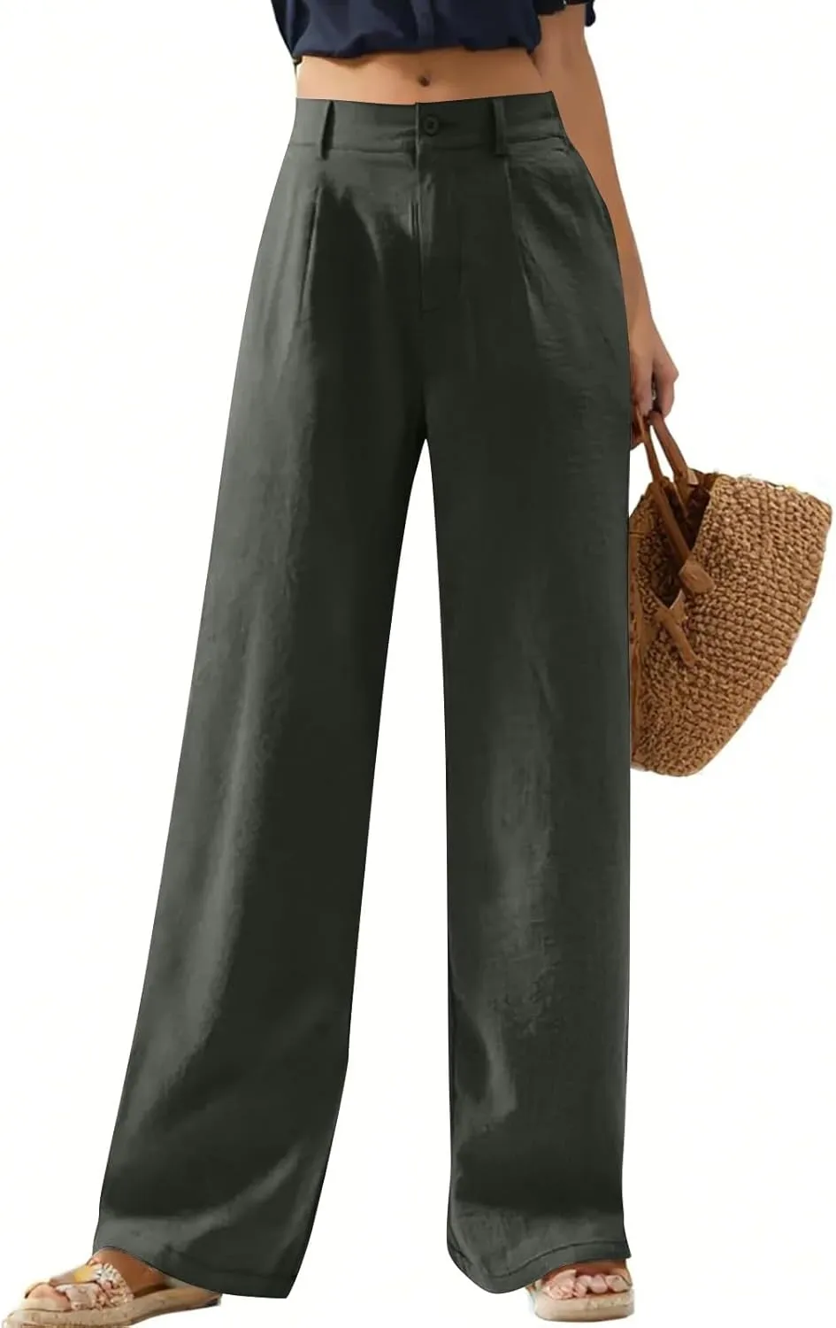 Wide Leg Womens Linen Pants 2025 Summer Casual Dress Pants High Waisted Pleated Lounge Palazzo Beach Pants with Pockets
