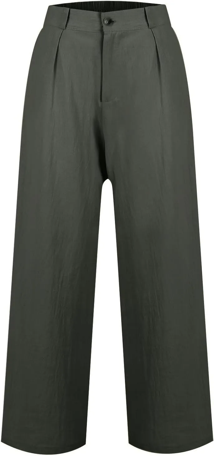 Wide Leg Womens Linen Pants 2025 Summer Casual Dress Pants High Waisted Pleated Lounge Palazzo Beach Pants with Pockets