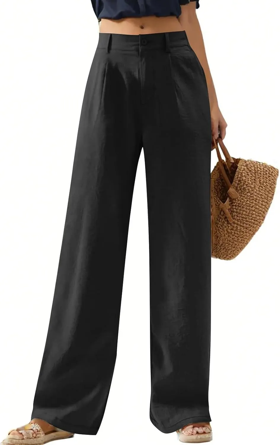 Wide Leg Womens Linen Pants 2025 Summer Casual Dress Pants High Waisted Pleated Lounge Palazzo Beach Pants with Pockets