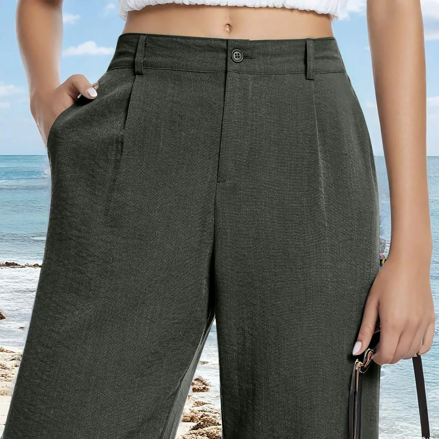 Wide Leg Womens Linen Pants 2025 Summer Casual Dress Pants High Waisted Pleated Lounge Palazzo Beach Pants with Pockets