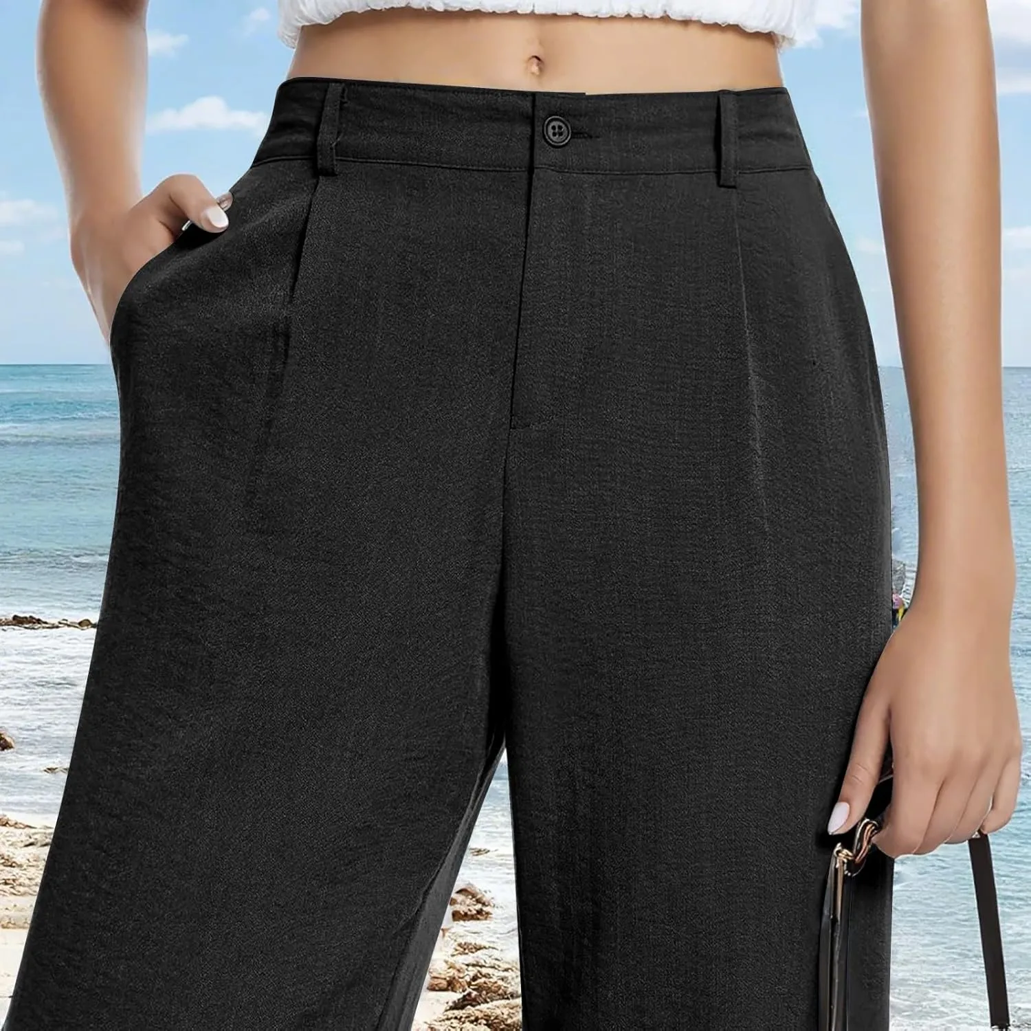 Wide Leg Womens Linen Pants 2025 Summer Casual Dress Pants High Waisted Pleated Lounge Palazzo Beach Pants with Pockets